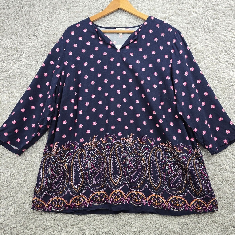 Talbots Womens Paisley Floral Pullover Blouse Blue Rayon Size 2X Teacher Casual‎